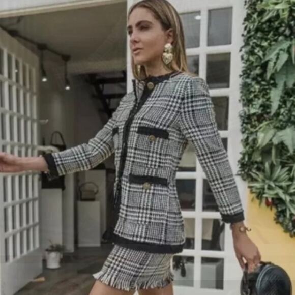 Zara Blogger Black White Textured Tweed Long Blazer. - Picture 3 of 13